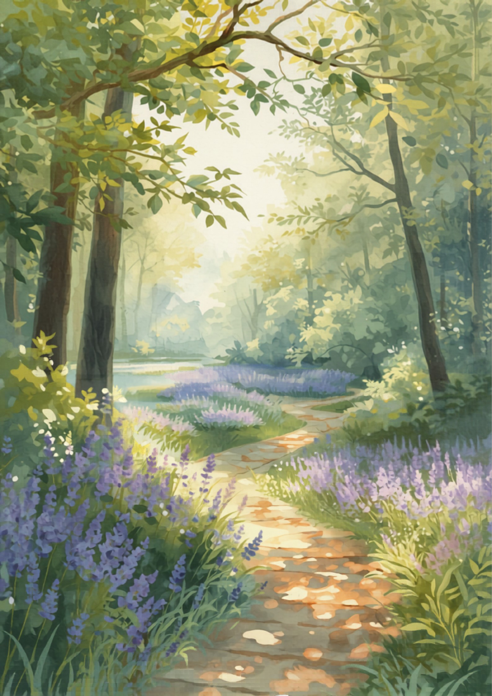 Watercolor illustration of a misty woodland river path, evoking the poetic world of Karen A. Irizarry