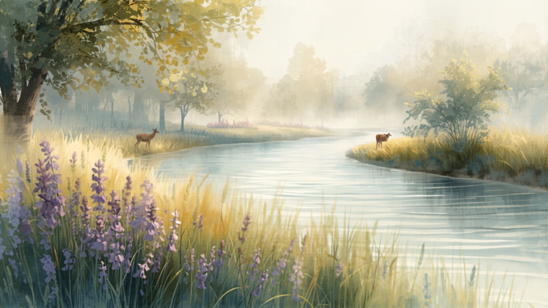Misty watercolor river landscape with purple wildflowers, evoking the natural world in Karen Irizarry's poetry